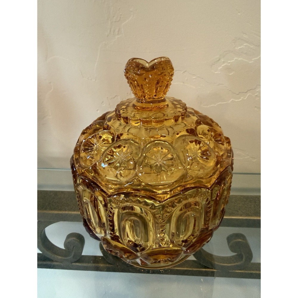 Vtg LE Smith Moon and Stars Amber Glass Jardiniere Covered Biscuit Cookie Jar